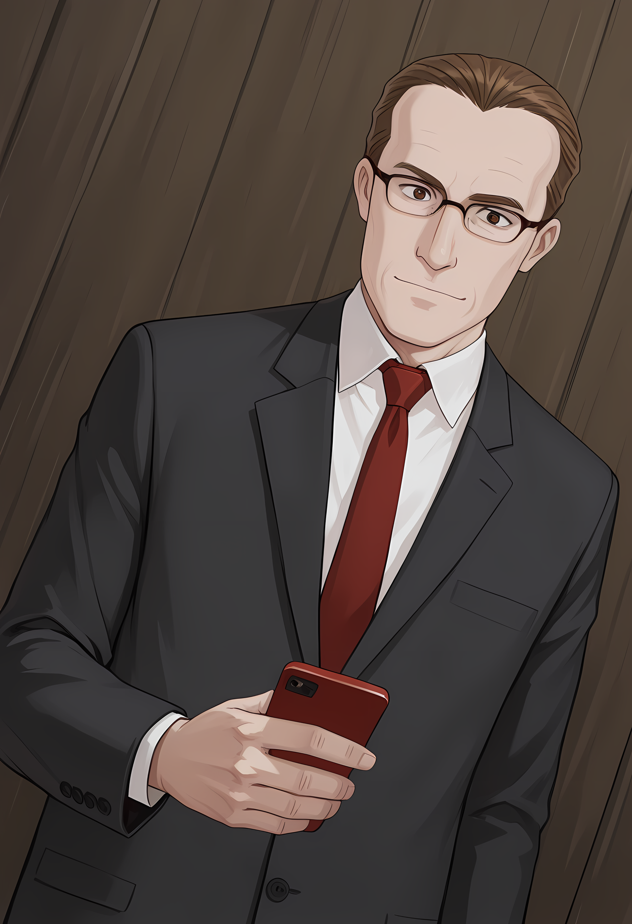 masterpiece, best quality, amazing quality, dutch angle, abstract background, BREAK
cellphone, BREAK
1boy, solo, male focus, charlesoffdensen, brown hair, short hair, brown eyes, glasses, formal, suit, red tie, BREAK
<lora:cfg_scale_boost:.6>  <lora:Charles_Foster_Offdensen_-_Metalocalypse_-_ILXL:1>