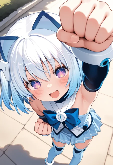 1000-chan, blue hair, animal ears, cat ears, purple eyes, gradient eyes, short hair, gradient hair, white hair ornament, symbol-shaped pupils, flatchest,
blue bow, bare shoulders, arm warmers, white anklet, blue detached sleeves, blue pleated skirt, zettai ryouiki, over-kneehighs, blue thigh boots,
<lora:1000-chan_Illustrious-XL-2.0_v1:1>
standing, dynamic pose , open mouth, blush,smile,:d,(fist_pump,arm_up,clenched_hands:1.2),from above looking at viewer,(upper body,close-up,:1.3), outdoors, masterpiece,best quality,amazing quality, solo,1girl,