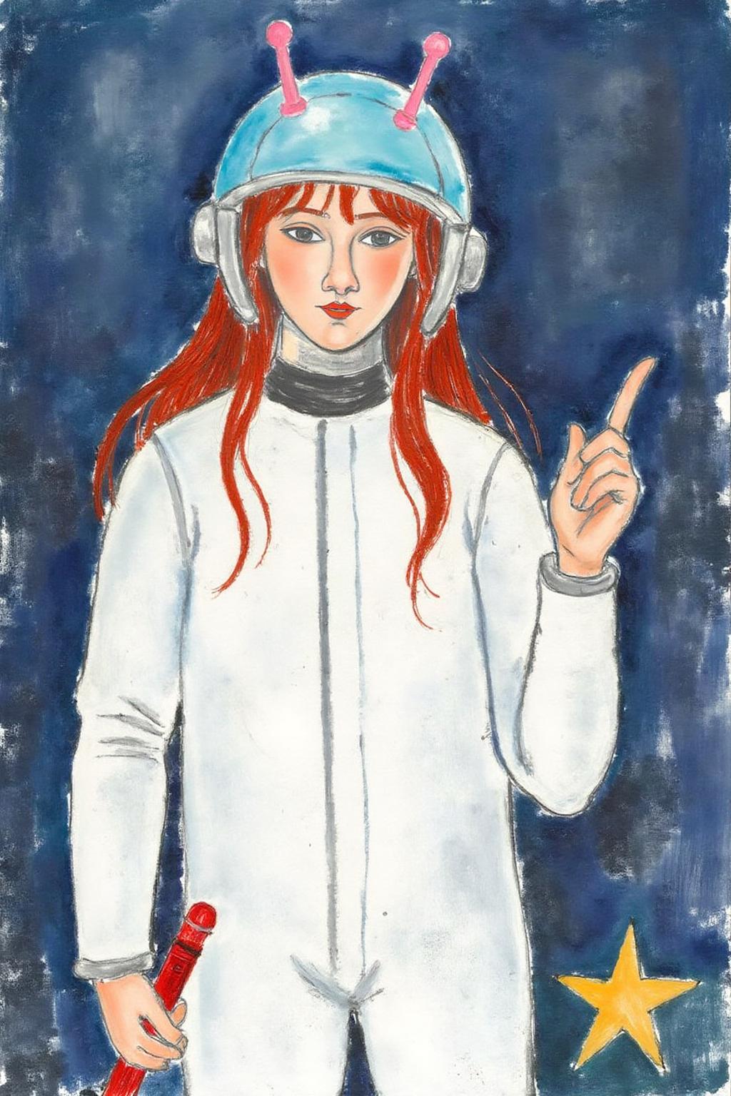 amedeomodigliani1 painting.
A character is dressed in a white and blue space-themed outfit. They have long, flowing red hair and are wearing a helmet with a blue outline and two pink antennae-like protrusions. They are holding a red weapon in their right hand, pointed upwards. A yellow star is near the bottom right corner.  <lora:amedeomodigliani1_cap_d6a3e8:1.0><lora:847313616955797173:0>