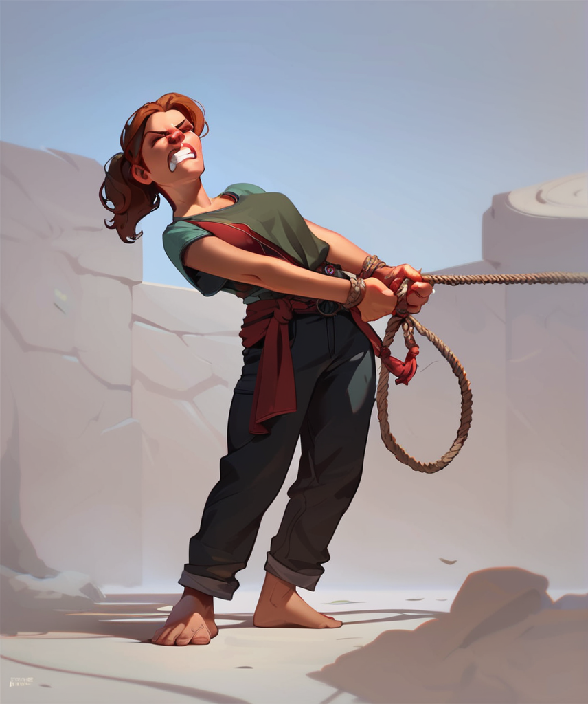 score_9, score_8_up, score_7_up, score_6_up,  <lora:Pony_DetailV2.0:0.4>,  <lora:Tug-of-war:0.7> Tug-of-war, 1girl,  pulling rope, standing, barefoot, clenched teeth, struggling, holding rope, parody style,