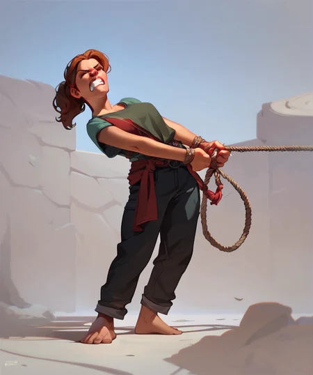 score_9, score_8_up, score_7_up, score_6_up, <lora:Pony_DetailV2.0:0.4>, <lora:Tug-of-war:0.7> Tug-of-war, 1girl, pulling rope, standing, barefoot, clenched teeth, struggling, holding rope, parody style,