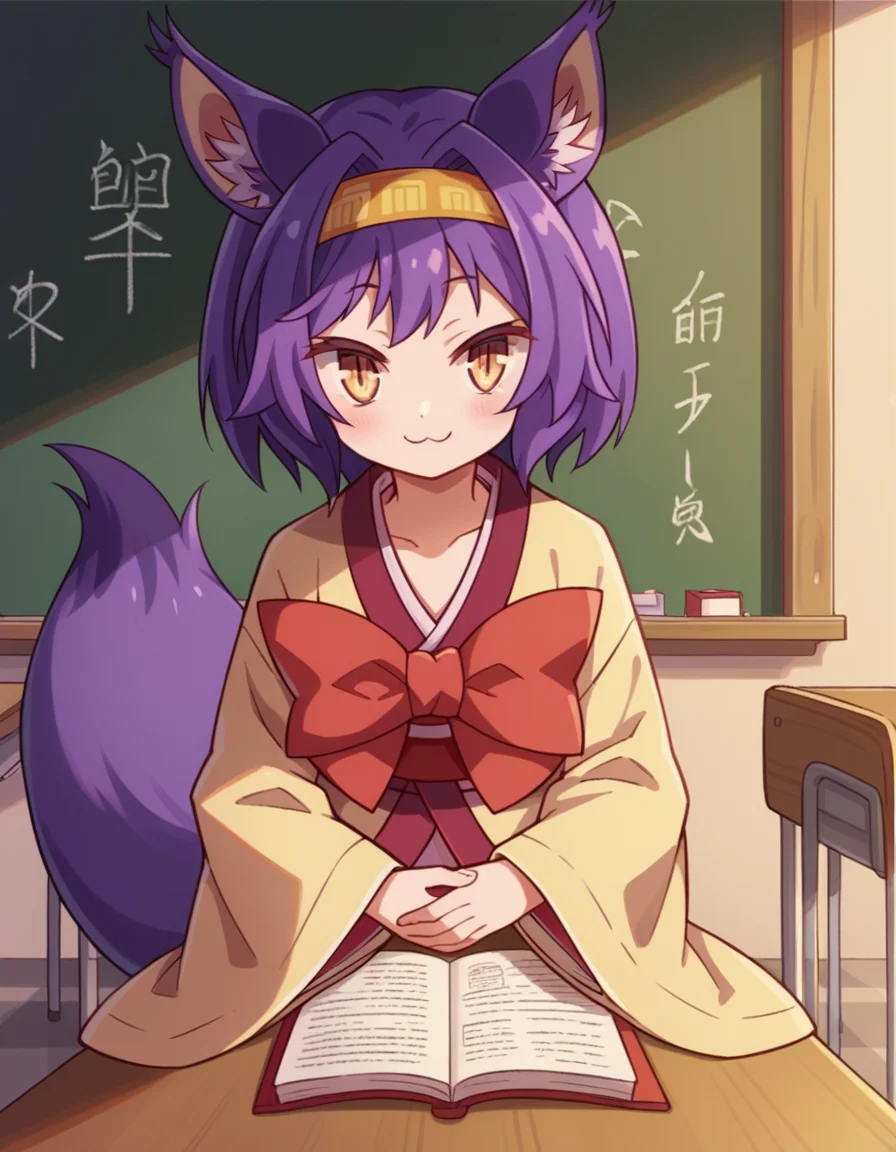 score_9, score_8_up, score_7_up, source_anime, <lora:izuna-hatsuse-s1-ponyxl-lora-nochekaiser:1>, izuna hatsuse, short hair, animal ears, purple hair, hairband, animal ear fluff, fox ears, slit pupils, yellow eyes,, bow, tail, japanese clothes, wide sleeves, kimono, fox tail, short kimono,, classroom, chalkboard, day time, studying, sitting, chair, desk,, smile, looking at viewer, hand on stomach, blush,, solo,, cowboy shot, dutch angle