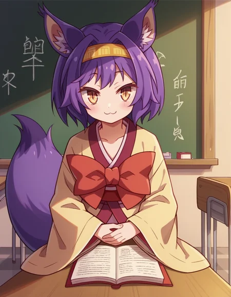 score_9, score_8_up, score_7_up, source_anime, <lora:izuna-hatsuse-s1-ponyxl-lora-nochekaiser:1>, izuna hatsuse, short hair, animal ears, purple hair, hairband, animal ear fluff, fox ears, slit pupils, yellow eyes,, bow, tail, japanese clothes, wide sleeves, kimono, fox tail, short kimono,, classroom, chalkboard, day time, studying, sitting, chair, desk,, smile, looking at viewer, hand on stomach, blush,, solo,, cowboy shot, dutch angle