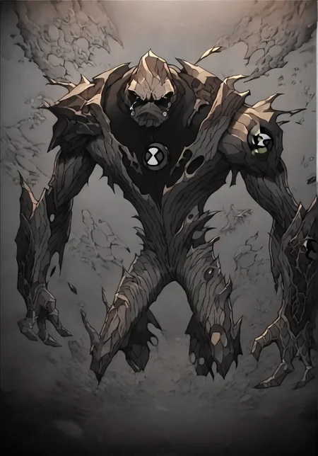 score_9, score_8_up, score_7_up, screencap, <lora:ben10-07:1> ben10, solo, no humans, full body, bodysuit, badge,detailed background, black suit, torn clothes, tears, charcoal cracked magma clothing, , <lora:elemental:1> elemental
