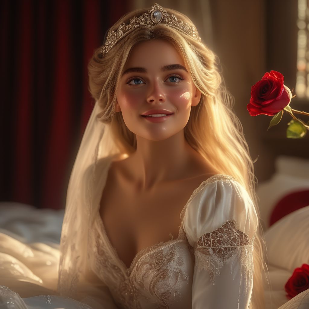 full body shot, realistic, stunningly realistic, trending on artstation, lights and shadows, extreme closeup on eyes, (winking at the viewer:1.2), upper teeth,  Rapunzel wearing a wedding dress, revealing cleavage, very seductive, detailed dress with lace and veil, wearing white stockings, very long blonde hair , jewelry, bridal makeup, sexy look in the face, dynamic pose, posing gracefully on side on a soft bed, among messy silk sheets, lace neck ornament, undressing one straple, on top of bed adorned with red roses, (masterpiece), best quality, highres, 4k, 8k, intricate detail, cinematic lighting, amazing quality, amazing shading, soft lighting, 35mm, analog style, a realistic photo, film grain, (photorealistic:0.6), taken by a canon eos r5, ultra detailed skin, ultra detailed face, perfect eye, small skin imperfections, 1girl, Updo, large boobs, Stocky body, half-closed blue eye, very long blonde hair, chromatic aberration, colorful, bright colors,