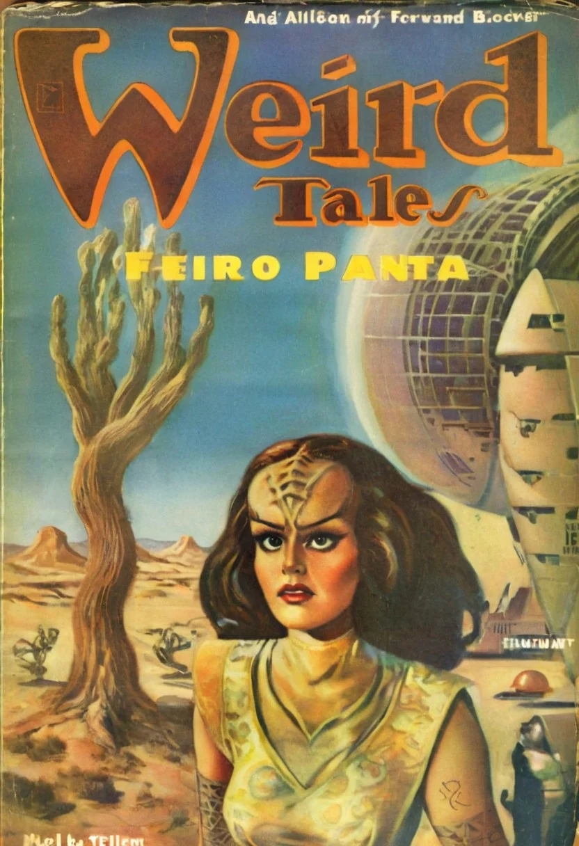 Weird Tales pulp magazine cover,
female kling0n alien, forehead ridges, brown skin, nose ridges, large eyebrows, standing on a desert planet with a retro futuristic city far in the background