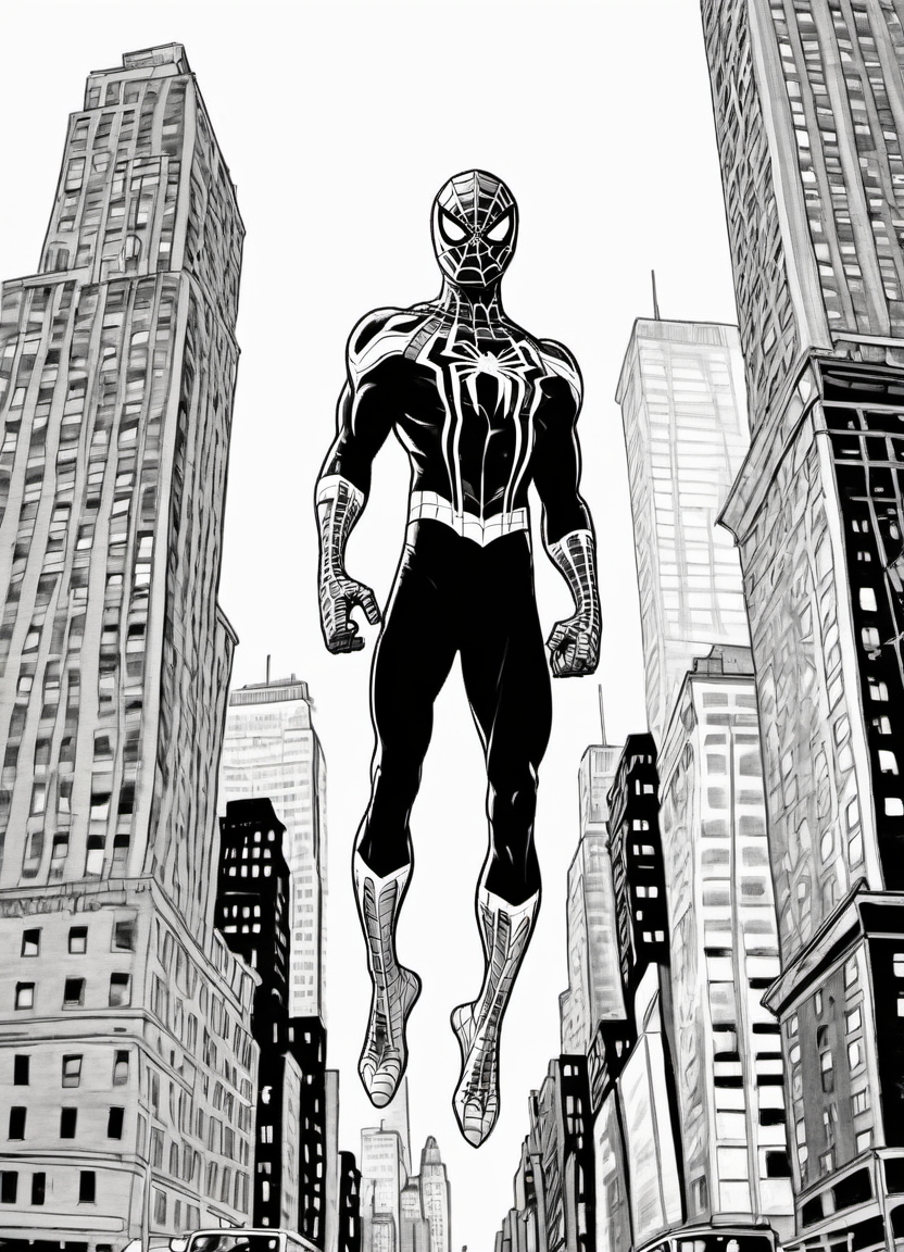 black and white, line art, coloring drawing of Spiderman in new york <lora:Coloring_book_-_LineArt:0.8>
