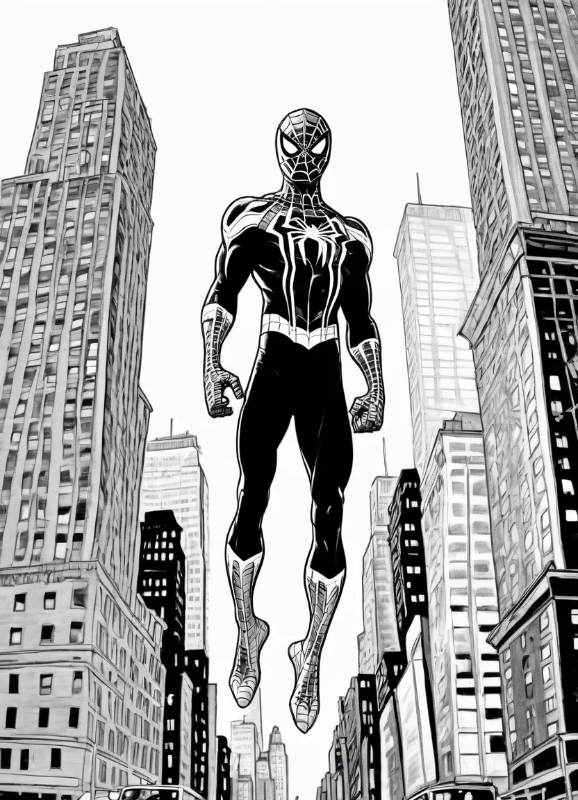 black and white, line art, coloring drawing of Spiderman in new york <lora:Coloring_book_-_LineArt:0.8>