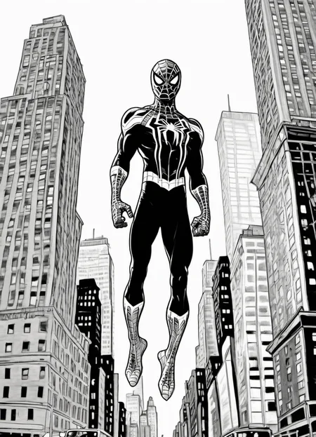 black and white, line art, coloring drawing of Spiderman in new york <lora:Coloring_book_-_LineArt:0.8>