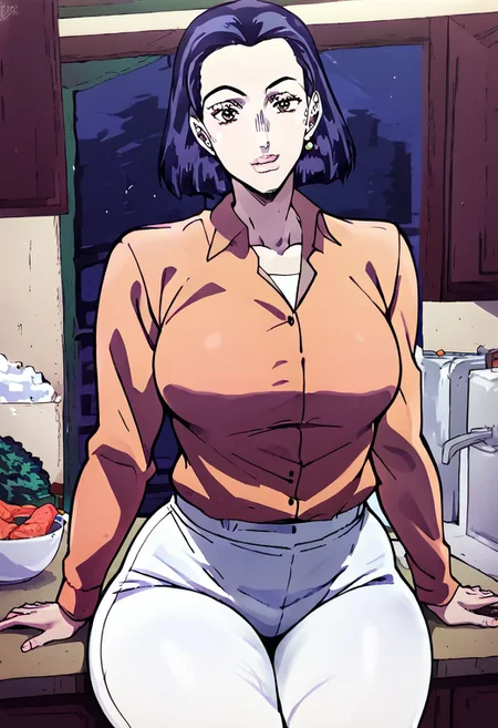 ASCII  score_9, score_8_up, score_7_up, score_6_up, score_5_up, score_4_up, tomoko_higashikata, 1 girl, solo, short hair, purple hair, brown eyes, kitchen, sitting on table, milf, voluptuous body, salmon shirt, teasing, milf body, thick thighs, big hips, best quality, masterpiece, 8K, salivating, horny, looking at viewer, white pants, perfect face, White undershirt,