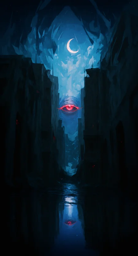 masterpiece, best quality, good quality, very aesthetic, absurdres, newest, Huge pupil, red eyes, eye focus, eye reflection,Long glowing eyelashes,looking_at_viewer, half-closed eyes,
outline of the face appears in the air,cracked space,crescent moon, abandoned, blue sky, building, cloud,dilapidated, flood, moon, night, night sky, no humans, outdoors, post-apocalypse, ruins, scenery, sky, star (sky), starry sky, water, window, Cinematic Lighting,crack of light, Wide Shot,reflection <lora:ponyv5_noobV065S_1_adamW-000013:0.7> <lora:ATNR_STYLE_XL_P-000016:0.7> <lora:96YOTTEA-WAI:0.7>