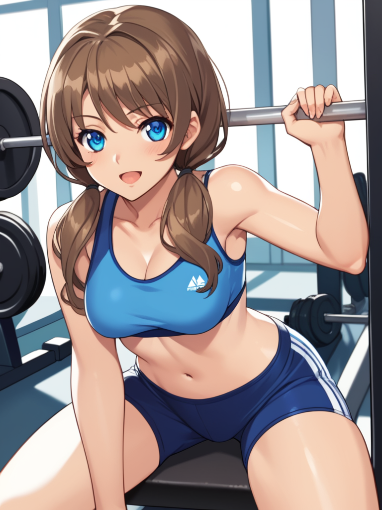 score_9, score_8_up, score_7_up, score_6_up, BREAK masterpiece, perfect face, perfect hands, high quality, source_cartoon, BREAK (1girl, solo,) <lora:Renka_Misaki_-_Akiba_Girls:1> renka, long hair, brown hair, twintails, blue eyes, sports bra, gym shorts, gymnasium, weight bench,