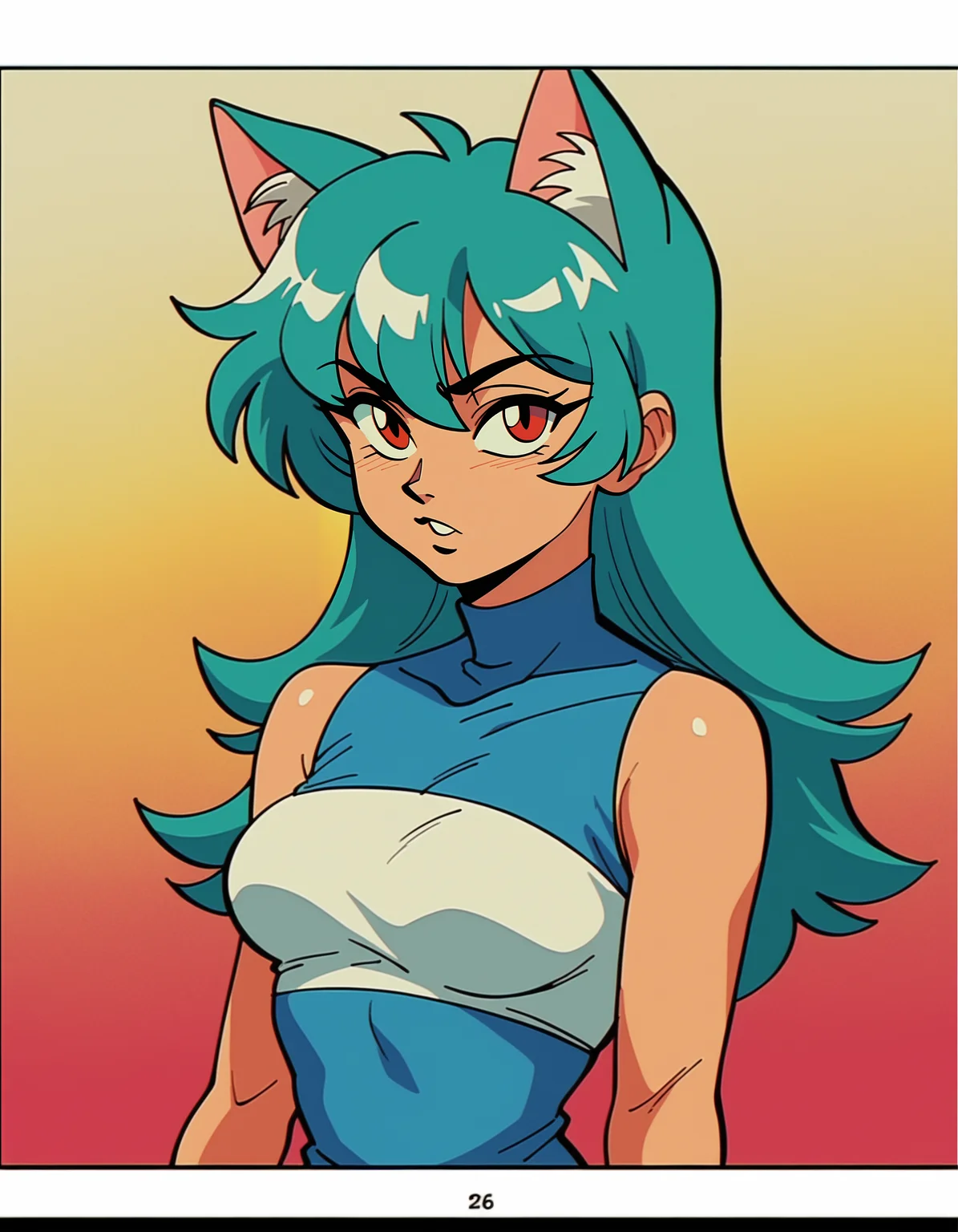 PopArtPDXL, animal ears, solo, cat ears, multicolored hair, red eyes, long hair, gradient, gradient background, shirt, looking at viewer, outdoors, ireland PonyXLV6_Scores PnyCmicXLPOS