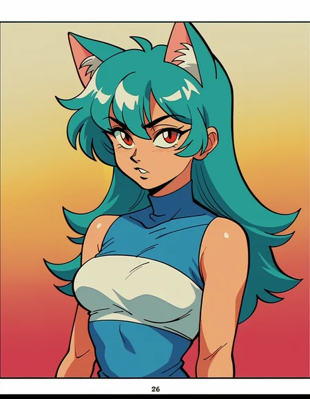 PopArtPDXL, animal ears, solo, cat ears, multicolored hair, red eyes, long hair, gradient, gradient background, shirt, looking at viewer, outdoors, ireland PonyXLV6_Scores PnyCmicXLPOS