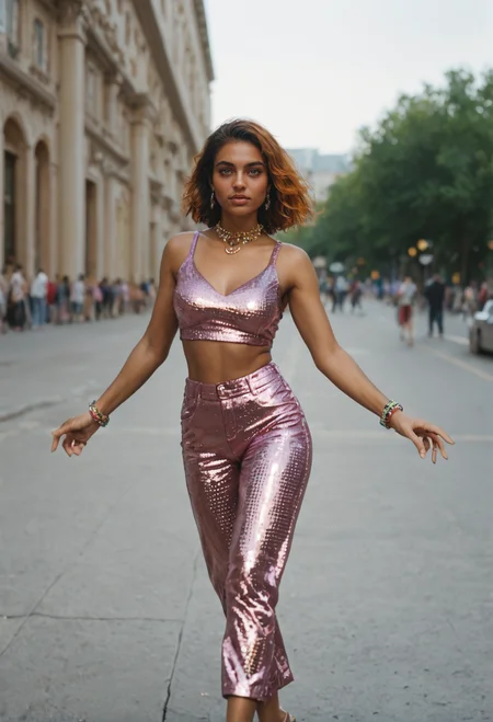 score_9, score_8_up, score_7_up zPDXL3 (vivacious disco dancer) young woman, indian, ebony skin, olive green eyes, tiny, medium ginger bob hair, wearing radiant purple sequin crop top, flared pants,sequined ballet flats, sparkly bangles,rhinestone choker, shimmery blush, set in the disco era, the 70's, in a serene park transformed into a disco paradise, with colorful lighting, a DJ booth, and a dance floor where people can groove to the music, at night ,zPDXLrl, dynamic pose, <lora:detailed_notrigger:1>
