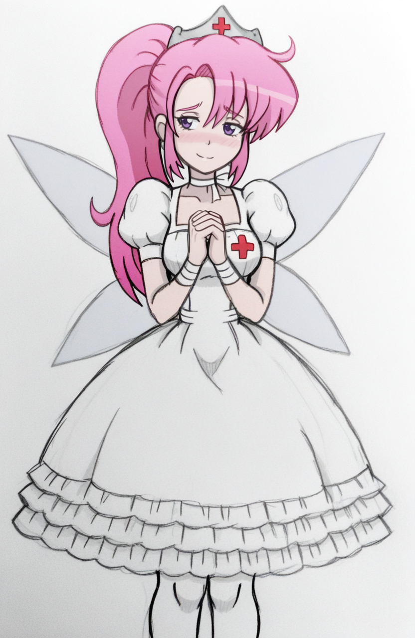1girl, solo, latex, fairy tale dress, puffed sleeves, layered skirt, white pantyhose, ribbon choker, tiara, standing, hands clasped in front, soft smile, bittersweet glance, sad, nurse redheart \(mlp\),
 <lora:SnidelyOne:1> snidley, traditional media, sketch, hatching \(texture\), colored pencil \(medium\), , extremely detailed, highres, masterpiece, best quality