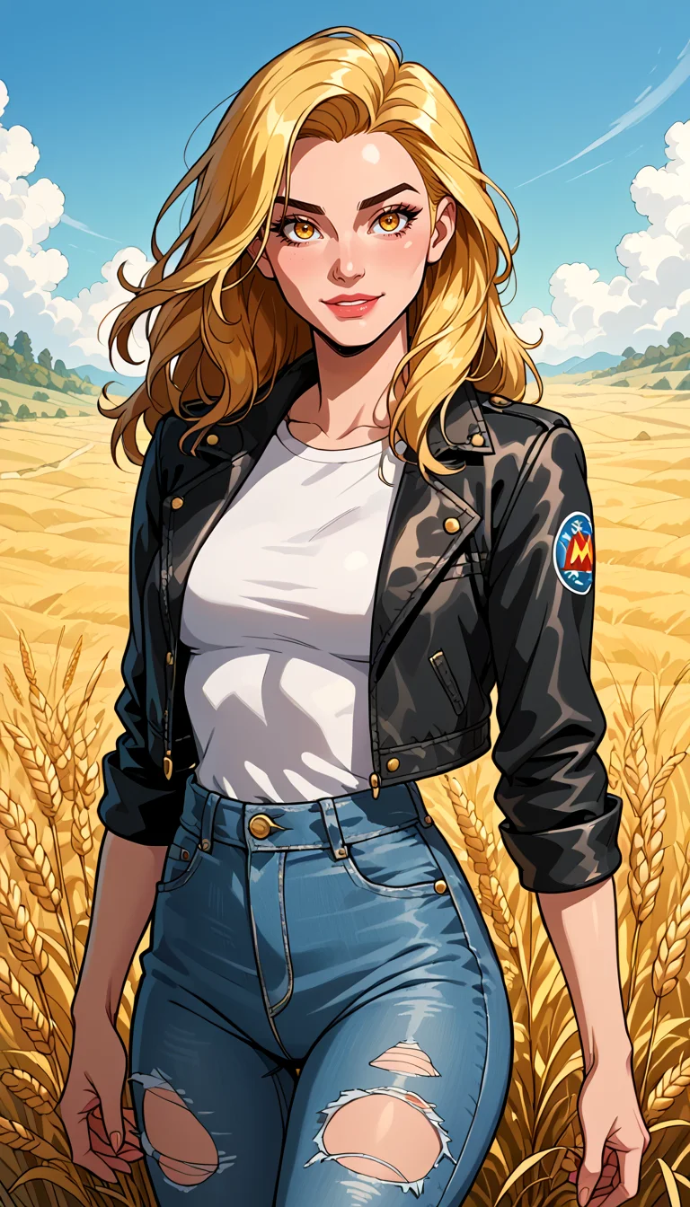 score_9, score_8_up, score_7_up, Western Comics, Cowboy Shot, Belén Rodríguez, cute, seductive, innocent, light smile:0.3, plump lips, slender body, long, straight hair, wearing leather jacket and ripped jeans, picturesque, sharp, colorful, ultra blue and yellow, dim colors, wheat field background, depth of field, dynamic angle, fashion photography, sharp, hyperdetailed:1.15