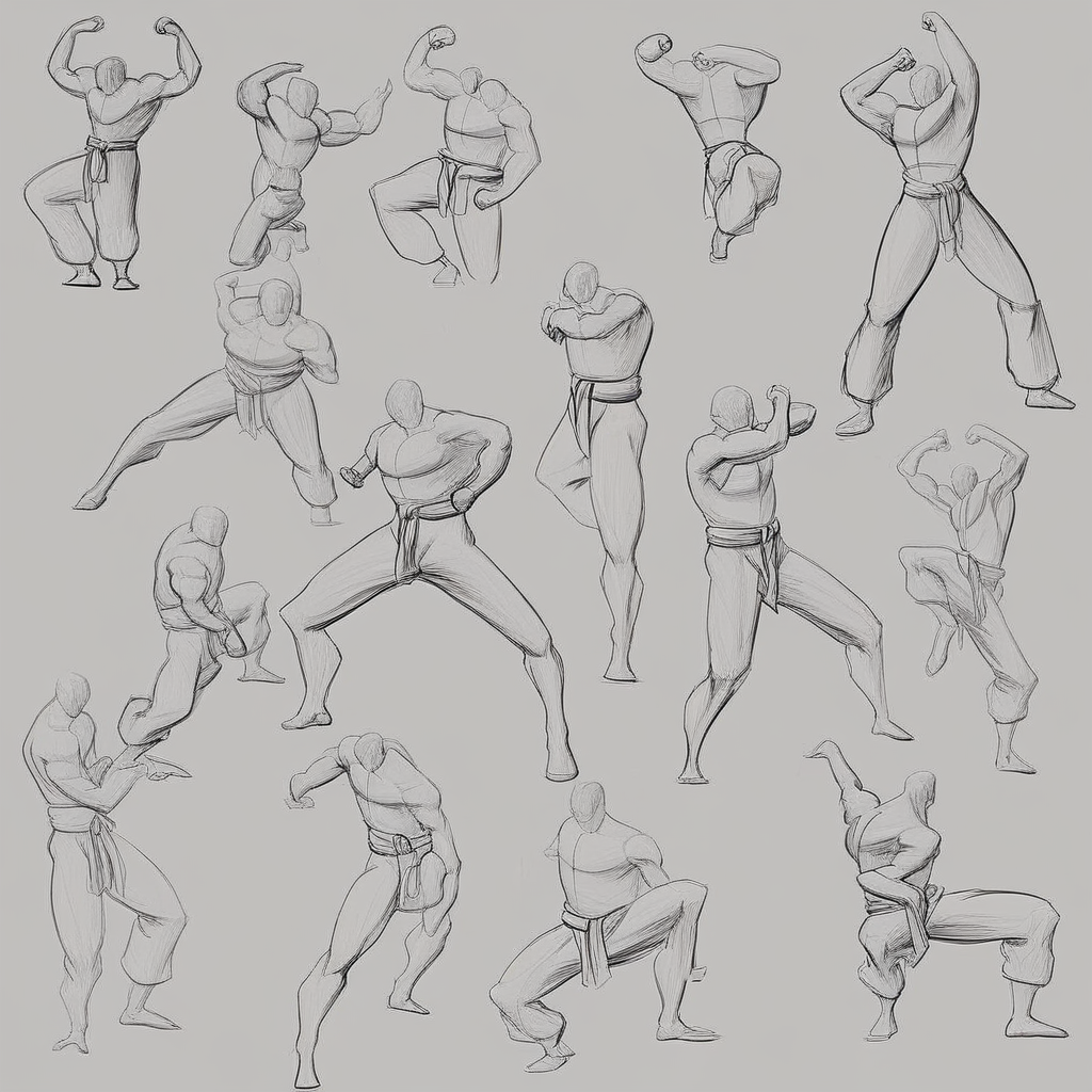 super dynamic character poses, random poses and angles, 5 poses, male focus, martial arts, angled view, clearly defined masterpiece body posing, clean sketches, line art,