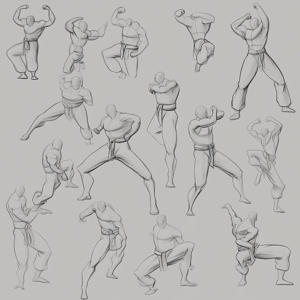 super dynamic character poses, random poses and angles, 5 poses, male focus, martial arts, angled view, clearly defined masterpiece body posing, clean sketches, line art,