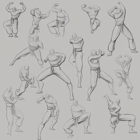super dynamic character poses, random poses and angles, 5 poses, male focus, martial arts, angled view, clearly defined masterpiece body posing, clean sketches, line art,