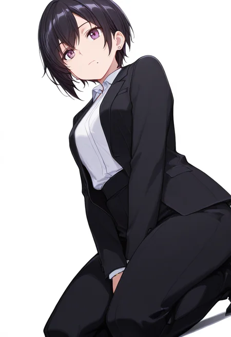 masterpiece,high quality details, absurdres, 
kneeling with thighs apart, hands resting between legs, shoulders slumped  ,
<lora:kuro:0.8> kuro_cnr, 1girl,black hair, short hair, purple eyes, mole under mouth, formal, suit, jacket, white shirt, earrings,, :|,, simple background, white background, dutch angle,solo,