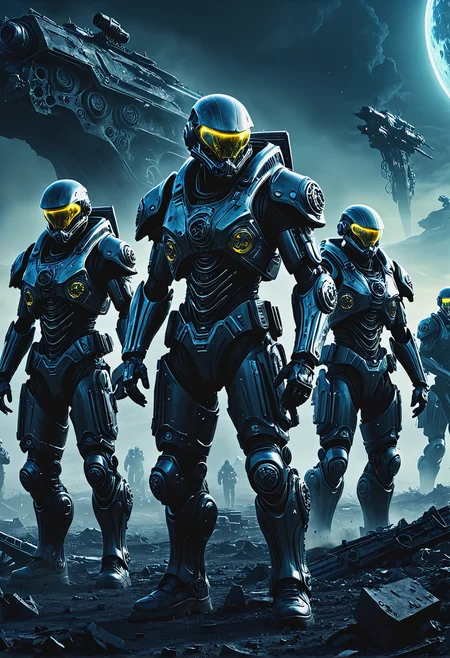 Sci-fi dark art Distopian post apocalyptic off world alien planet at war night time Cyborg Soldiers in Gears, realistic surrealism, futuristic, dark, influence High Dynamic Range; dark art, UHD, 64K<lora:John Berkey Style:0.6>