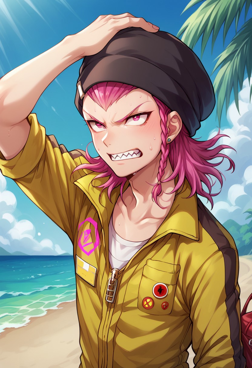 score_9, score_8_up, score_7_up, source_anime, highly detailed, 
kazuichi, teeth, 1boy, male focus, pink hair, solo, sharp teeth, jumpsuit, pink eyes, braid, hat, beanie, headwear removed, medium hair, holding, clenched teeth, sweat, hat removed, black headwear, side braid, upper body,
hand on own head, bangs, holding clothes, collarbone,
outdoor, palm tree, ocean, day