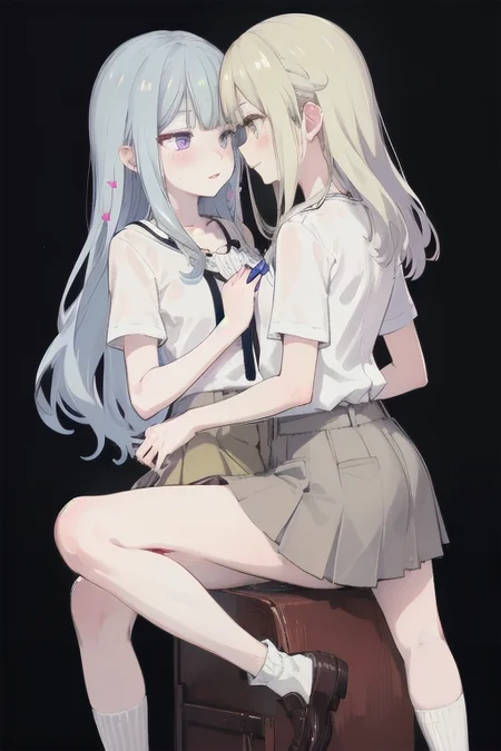 2GIRLS,YURI,front side,looking_at_another,upright straddle,girl on top,leg lock,<lora:pose-对åè
¿éleg lock variant front view:0.6:lbw=0,0,0,0,0,0,1,1,1,0,0,0,0,0,0,0,0>,
blush,masterpiece,best quality,absurdres,white background,
ADDCOMM,
<lora:char-mygo_丰å·ç¥¥åtogawa_sakiko_bangdreamitsmygo:0.7:lbw=0,0,0,0,0,0,0,0,1,1,1,1,0,0,0,0,0>,togawa_sakiko_bangdreamitsmygo,人-mygo-mygo_丰å·ç¥¥åtogawa_sakiko_bangdreamitsmygo,parted lips,embarrass,shy,
yellow eyes,(black_ribbon:1),light blue hair,(ribbon:1),(hair_ribbon:1),long_hair,bangs,sidelocks,bare shoulders,short socks,loafers,miniskirt,frilled shirt,flat chest,
ADDCOL,
<lora:char-mygoä¸è§åè¯ Misumi Uika (Bang dream! Ave Mujica):0.7:lbw=1,0,0,0,0,0,0,0,1,1,0,0,0,0,0,0,0>,
misumi uika,bright blonde hair,purple eyes,elder sister,crazy smile,
shorter hair,white shirt,dark yellow skirt,short sleeves,flat chest,