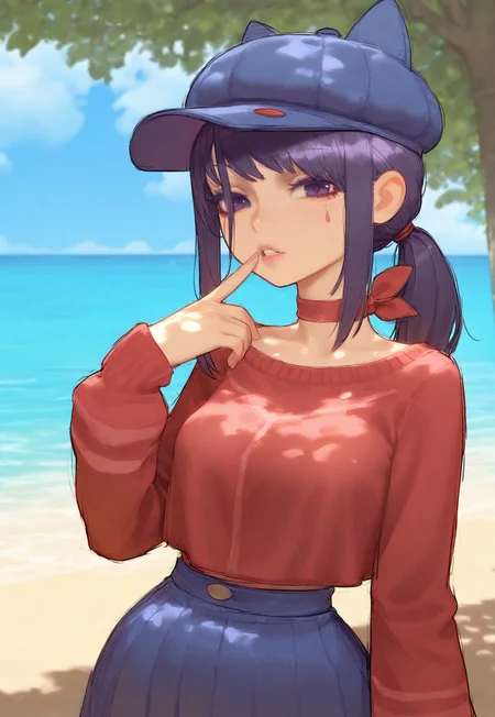 very awa,  [asura \(asurauser\)::0.8], [(bartolomeobari:1.2):0.65],  1girl, Cappie, purple eyes,purple hair, ponytail, red sweater, hat, cap,  choker, cat cap, blue skirt, long sleeves, parted lips, upper body, from below, finger to mouth, symbol-shaped pupils,tree shade, sunlight, shade, day, outdoors, ocean, sand, dappled sunlight,, very awa, masterpiece, best quality, newest, highres, absurdres, looking at viewer