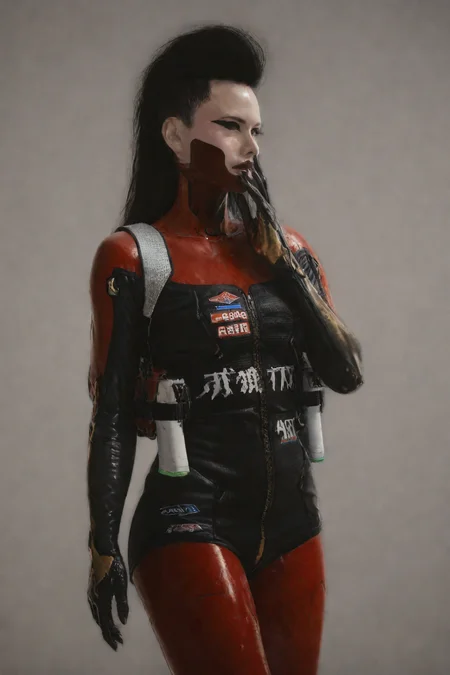 ((Glamour Portrait)),score_9, score_8_up:1.1),score_7_up,1girl.
Glamorous cybernetic woman, sleek red and black bodysuit, long flowing black hair, futuristic high-fashion, confident pose, augmented beauty, stylized Asian features, dramatic neon makeup, intense gaze, holographic accents, Geisha-inspired cyberpunk aesthetics, Neo-Tokyo background, shimmering metallic textures, elegant robotic limbs, couture tech implants, avant-garde silhouette, Harajuku-punk influences, glossy hair styling, luminescent skin details, striking contrast lighting, high-tech runway model, edgy futuristic accessories, synthwave color palette, ethereal digital aura, cutting-edge beauty enhancements, chrome accents, surreal cyber-Fashion Week setting
 <lora:cyberpunk_tiger_claws_woman:0.8>