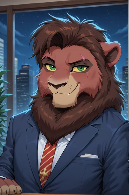 score_9, score_8_up, score_7_up, kovu, lion, , green eyes, yellow sclera, solo, anthropomorphic body, red brown fur, detailed background, eye scar, detailed background, Expressive, paws, paw_pads,adult, Office, skyscraper, arms cross, solo, smile, sexy, smug, standing, (looking at viewer:1.3), blue suit, buff, night, night time <lora:KovuPonyV2-10:1> , close up on face,