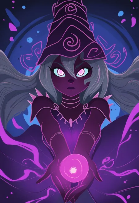MSMLN, dynamic pose, spikes, masterpiece, best quality, good quality, very aesthetic, absurdres, newest, 8K, depth of field, focused subject,
in the style of ckgr,
1girl, dark magician, glowing purple eyes,, dappled sunlight, upper body, looking at viewer