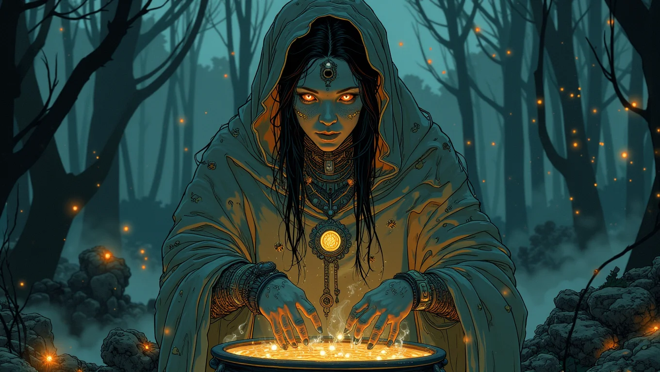 A mysterious medieval witch, cloaked in tattered robes and adorned with strange amulets, stands in the middle of a dark forest, casting a spell over a bubbling cauldron. Her eyes glow with a supernatural light, and her hands weave intricate patterns in the air as she chants. The forest around her is alive with strange, ethereal lights and the sounds of nocturnal creatures. 
<lora:Blue_Future:1.0>