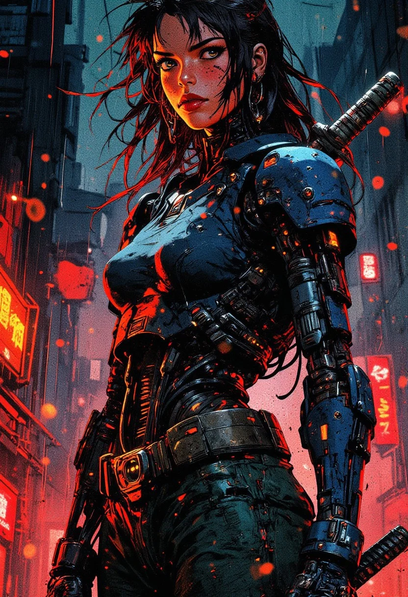 best quality, masterpiece, cyberpunk female robot or android, dark eyeshadow, red lips, headset, robot joints, circuitry and wires, glowing lights, glowing eyes, wearing blue power armour, holding katana by the hilt, neon signs, heavy rain, wet, wet hair, wet skin, wet clothes, bokeh, vibrant, surreal colours, High Definition HD, High Detail, Perfect Composition, mythp0rt