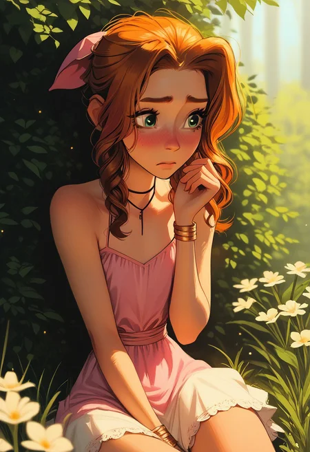 Source_anime, a woman, cute perfect face, (score_9, score_8_up, score_7_up), 1girl, solo, 18 years old, full body, sitting, spread legs, crossed legs, aerith gainsborough, pink dress, pink aerith gainsborough dress, pink short straight dress, flowers, flower in hand, holding flower, heavy blush, light makeup, curvy body, nervous, hourglass figure, long slender legs, narrow waist, gorgeous girl, kawai girl, blush, blush nose, blushing, glitter makeup, thigh gap, athletic body, long body, slender body, collarbone, blush nose, close mouth, green eyes, cute blush, flat chested, teardrop breasts, blushing, perky breasts, shy, detailed background, perfect hips, hipbone,, short hair, orange hair, cute face, cute girl, looking away, (slim fit), candid, blurry background, light particles, ethereal, rating_explicit, dynamic angle, ncpy13 style, pastels drawing, meadow background, full of flowers background,