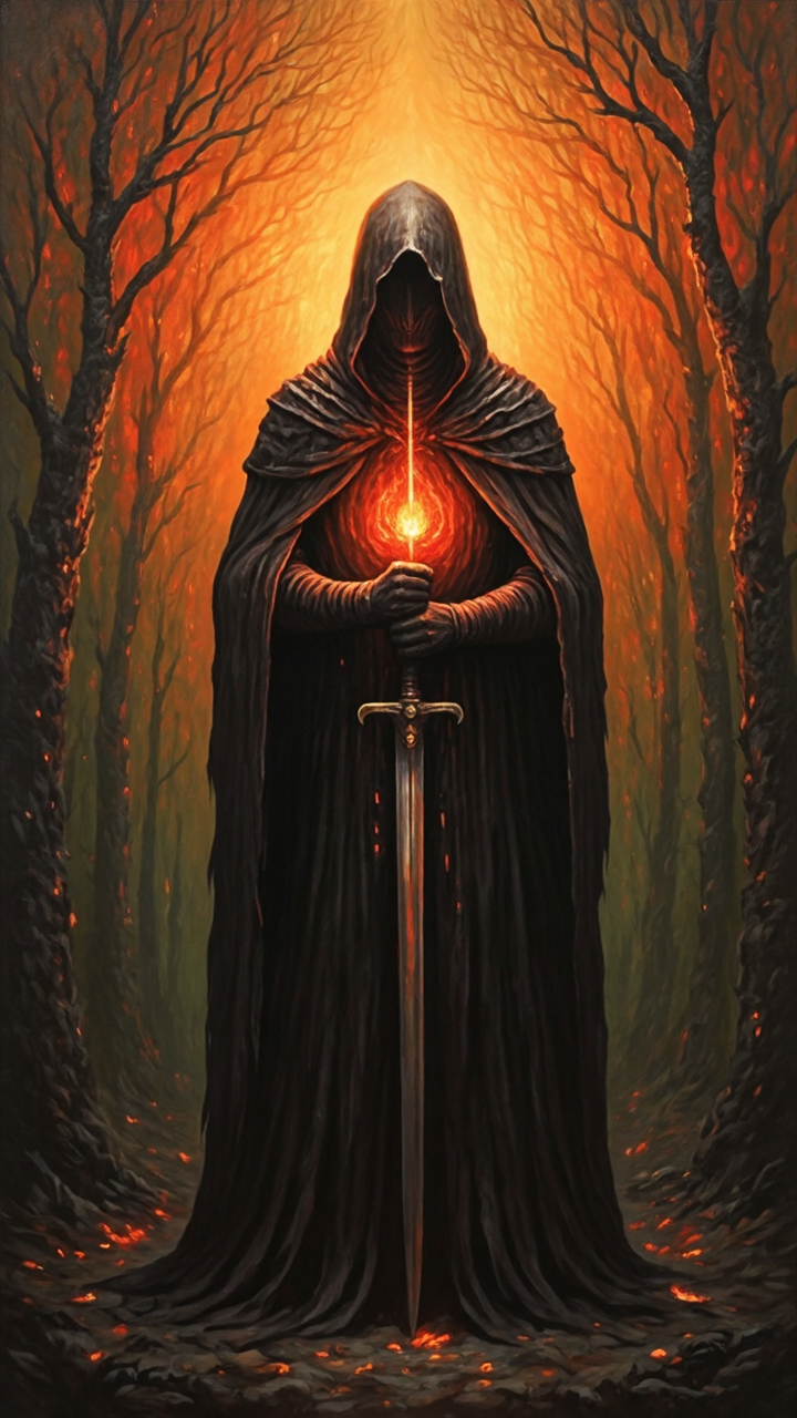 a mysterious figure standing in the center of the frame, positioned directly in front of the viewer, the figure is dressed in a dark hooded cloak, with the hood covering their face and the cloak flowing down their back, they are holding a large, glowing object in their hands, which appears to be a staff, the object is emitting a bright, orange light that emanates from behind the figure, creating a dramatic effect, the background is a dark, swirling pattern with a fiery orange hue, adding to the sense of power and mystery, the overall atmosphere is dark and foreboding, drawing the viewer's attention to the figure's enigmatic presence, A detailed oil painting of a dark figure in a hooded cloak, holding a sword, standing in a dark forest. The figure's head is obscured by a vibrant orange glow, while the background is a dark green, with a hint of orange and red, creating a sense of mystery and mystery.