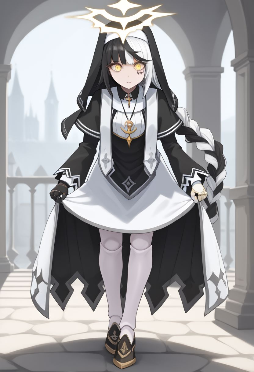 1girl, absurdres, solo, long hair, black hair, streaked hair, halo, two-tone hair, yellow eyes, braid, white hair, multicolored hair, facial mark, braided ponytail, doll joints, veil, nun, habit, white pantyhose, black capelet, asymmetrical gloves, mismatched gloves, skirt hold, bowing, leaning forward, skirt lift, lifting own clothes
