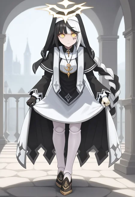 1girl, absurdres, solo, long hair, black hair, streaked hair, halo, two-tone hair, yellow eyes, braid, white hair, multicolored hair, facial mark, braided ponytail, doll joints, veil, nun, habit, white pantyhose, black capelet, asymmetrical gloves, mismatched gloves, skirt hold, bowing, leaning forward, skirt lift, lifting own clothes