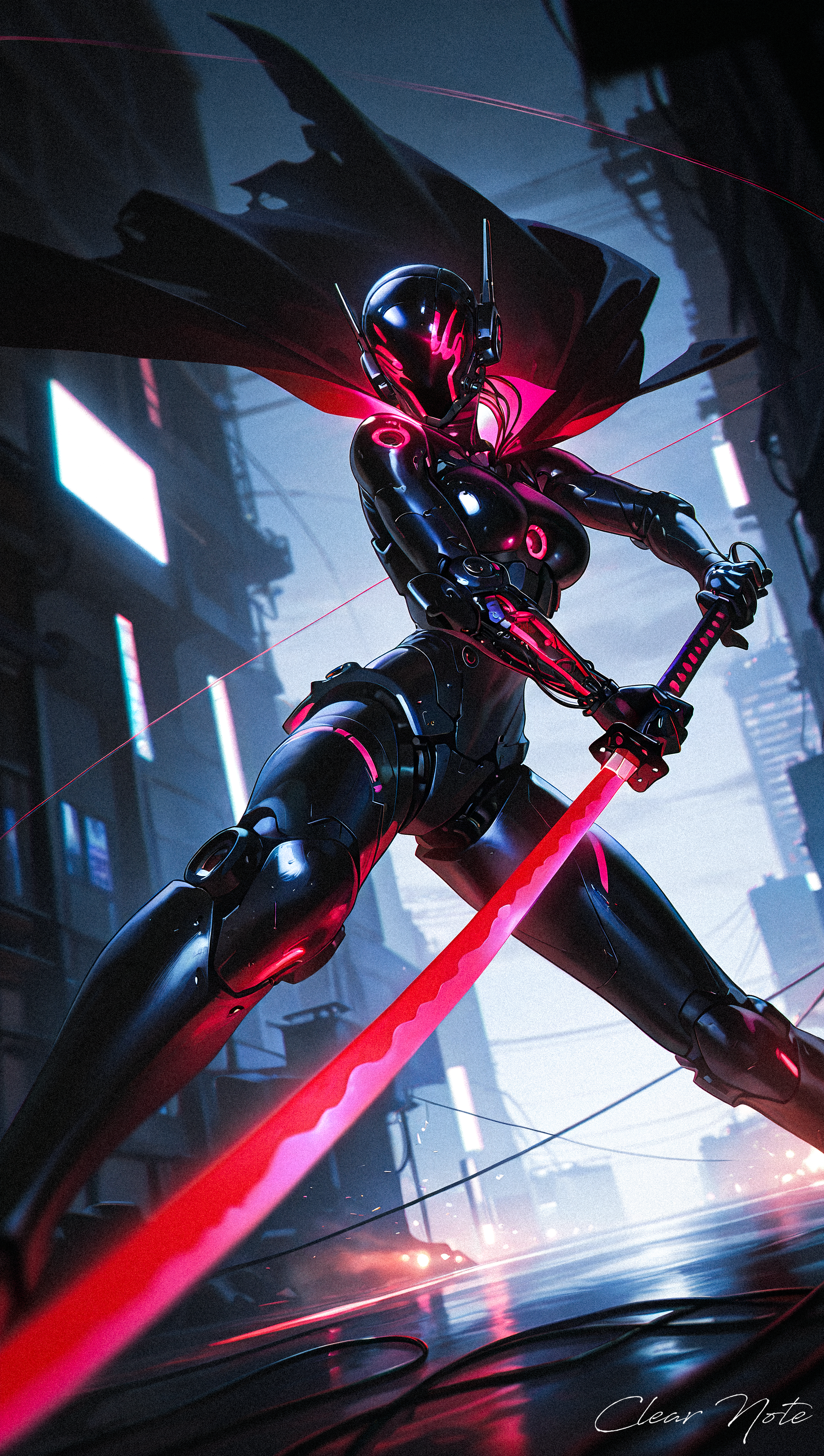 A jet-black cyborg wields a katana. That blow cuts through the space.