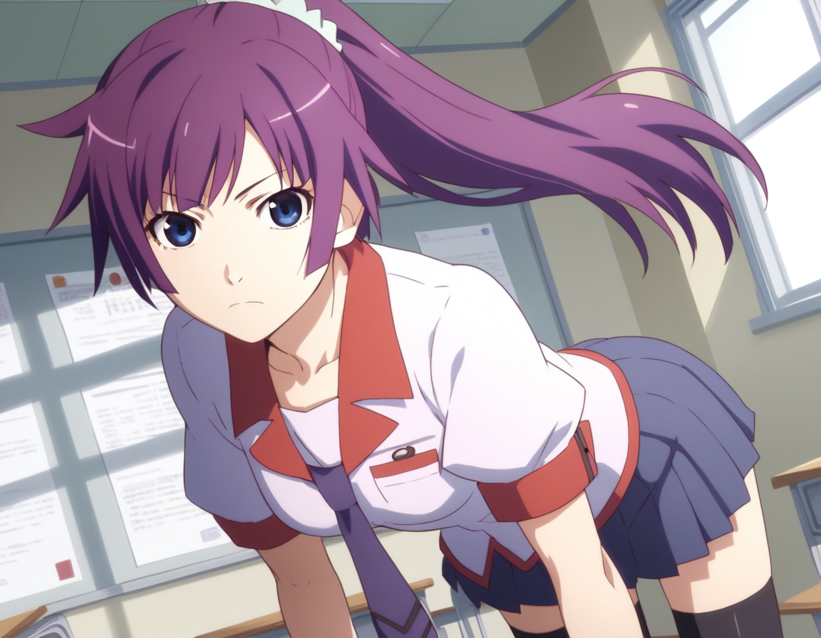 score_9, score_8_up, score_7_up, source_anime,
hitagisenjougahara, <lora:hitagi-senjougahara-anime-ponyxl-lora-nochekaiser:1>,
hitagi senjougahara, long hair, bangs, ponytail, sidelocks, scrunchie, blue eyes, purple hair,
skirt, thighhighs, school uniform, necktie, black thighhighs, zettai ryouiki, naoetsu high school uniform,
indoors, classroom, bent over,
looking at viewer, cowboy shot, dutch angle,