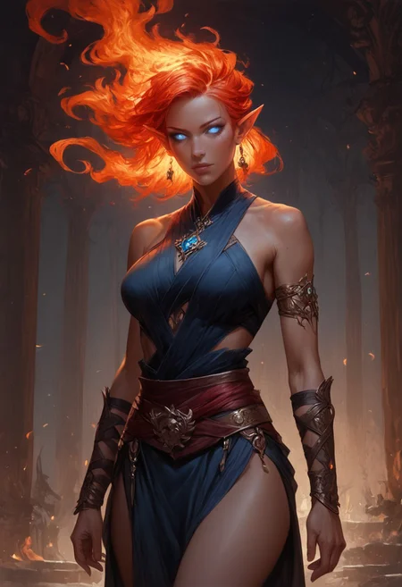 (((detailed, beautiful, high quality))) (score_9, score_8_up, score_7_up, score_6_up), (highres image, ultrares, absurdres, ultra detailed), (masterpiece:1.8), face focus, detailed faces, BREAK,
1girl, dynamic character design, female focus, perfect face, perfect eyes, attractive, beautiful, (((FireGenasi, fire hair, colored sclera, dark skin, pointed ears, 1girl, red fire hair, blue eyes))), (((monk)))
looking at the viewer, posing, blurred background, blurred fantasy background, perfect body, hourglass figure, large breasts, wide hips, tiny waist, full lips
BREAK
Monk Robes
BREAK
Detailed Background, Fantasy Tavern, Dramatic Lights, Concept Art, Expressiveh, (FireGenasi, fire hair, colored sclera, dark skin, pointed ears), concept art, realistic, 4kFacePonyXL, concept art, realistic,