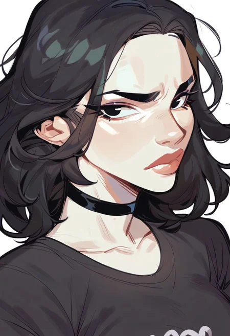score_9, score_8_up, score_7_up, 
1girl, doomer girl, black hair, forehead, parted bangs, medium hair, black eyes, eyeshadow, black choker, pale skin,
upper body, black t-shirt, frown, looking at viewer, white background, lipstick,