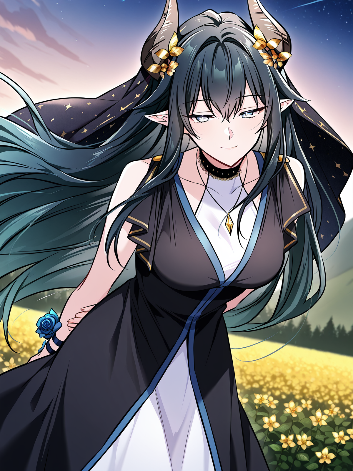<lora:Regressor_Instruction_Manual__Dialugia:1>
1 girl, solo, long hair, straight hair, black hair, greenish blue hair, gradient hair, bangs, hair ornament, golden flowers, elf ears, horned girl, horns, 
white dress, black outer robe, blue lining, blue trim, black cloak, starry cloak, layered outfit, black and gold accents, golden trim, choker, black choker, sleeveless dress, long dress, open cloak, necklace, blue rose bracelet
score_9, score_8_up, score_7_up, very aesthetic, source_anime, detailed, high quality, beautiful, masterpiece, detailed eyes, field, blurry background, pose dynamic angle, upper body, cowboy shot, light smile, floating hair, half-closed eyes, hands behind back, leaning forward, looking forward, looking at viewer