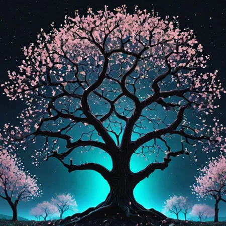 biolumen, cherry blossom tree,universe,luminous leaf, galaxy, night sky, BL4CK3STBL4CK, black_theme, matte_color, flat color