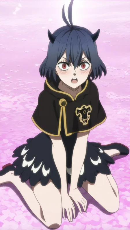 source_anime, masterpiece, best quality, amazing quality, anime screencap, high quality, 8k, absurdres, official style, 1girl, solo, looking at viewer, wariza, surprised, blush, <lora:Secre_Swallowtail_iL:1>, s3cr3 sw4ll0t41l, short hair, black hair, red eyes, hair between eyes, demon horns, horns, black dress outfit, dress, black dress, shoes, black footwear, capelet, black capelet, gold trim,