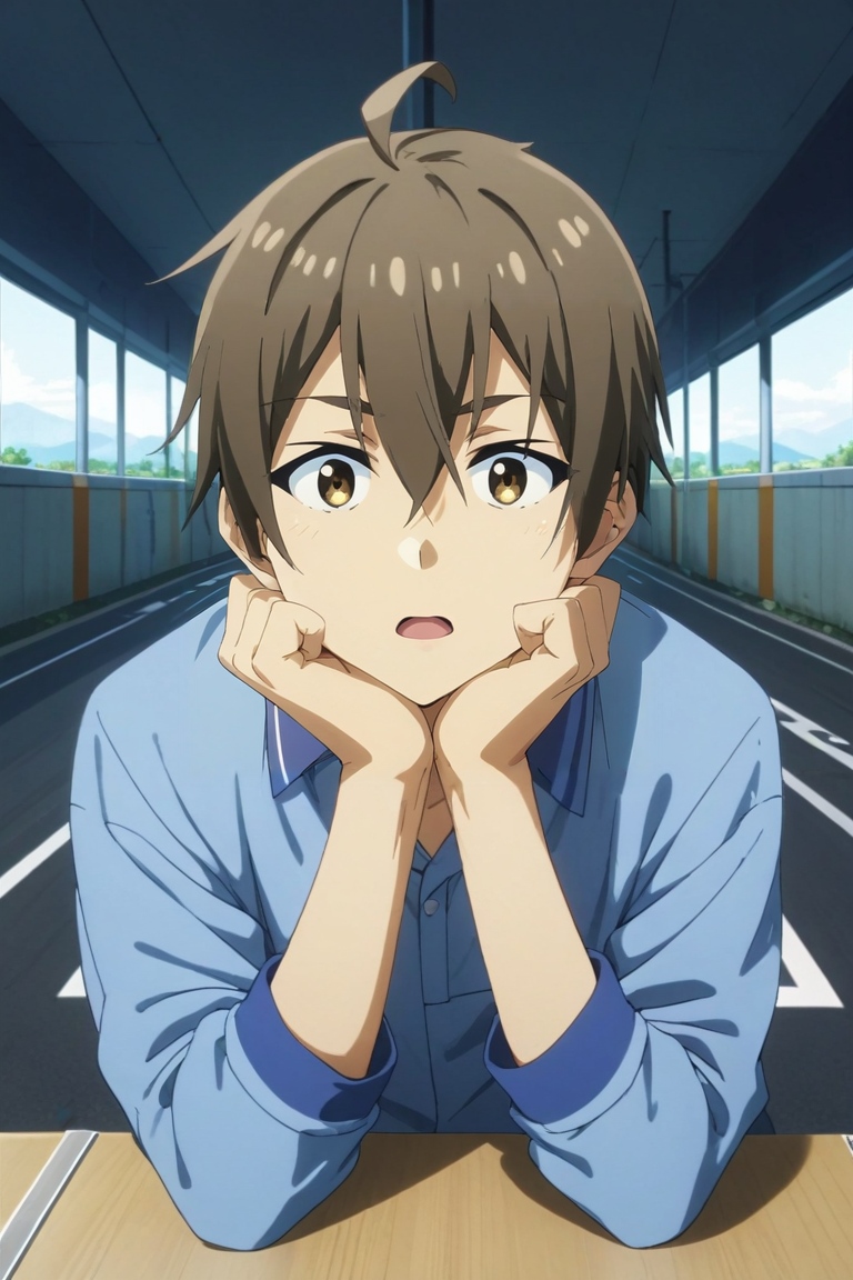 score_9, score_8_up, score_7_up, , rating_safe, , , looking at viewer, , 1boy, solo, male focus, <lora:hideki_nishimura_pony:0.84>, hideki_nishimura, brown hair, brown eyes, short hair, hair between eyes, ahoge, full body, highway, indoors, dark, breast rest, open mouth, ,, <lora:sdxl_lightning_8step_lora:1>