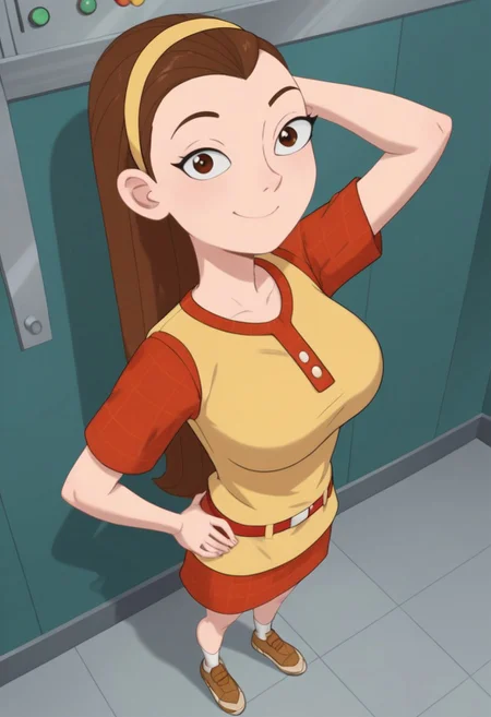 ((room background)),score_9, score_8_up, score_7_up,score_6_up, (detailed face and eyes:1) 
1girl, solo, Lydia_MML, light skin, dark brown eyes, small pointed nose, brown hair, long straight hair, light yellow headband, light yellow sleeveless sweater, red plaid undershirt, red plaid skirt, red belt, white socks, light brown sneakers, average height, social smile, perfect eyes, perfect smile, looking at the viewer, detailed eyes, perfect eyes, standing, big breasts (front pose, front view, full body shot, high angle view:1) five fingers, perfect hands, (one hand on hip, one hand behind head)