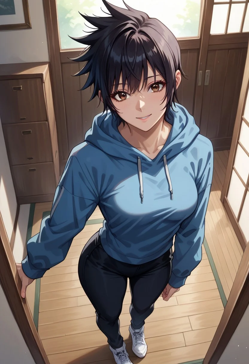 anime artwork, score_9, score_8_up, score_7_up, score_6_up, score_5_up, solo, perfect eyes, detailed eyes, beautiful female, detailed face, dynamics lines, 20 year old, perfect beautiful face, long eyelashes, sharp eyes pupils, (room:1.3), (full body), medium breasts, 1girl, black hair, short hair, spiked hair, bangs, brown eyes, blue hoodie, long sleeves, black pants, white sneakers, smile, above view, standing
