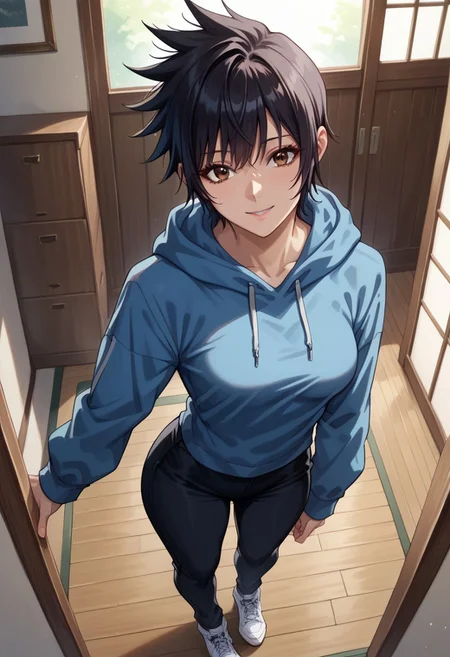 anime artwork, score_9, score_8_up, score_7_up, score_6_up, score_5_up, solo, perfect eyes, detailed eyes, beautiful female, detailed face, dynamics lines, 20 year old, perfect beautiful face, long eyelashes, sharp eyes pupils, (room:1.3), (full body), medium breasts, 1girl, black hair, short hair, spiked hair, bangs, brown eyes, blue hoodie, long sleeves, black pants, white sneakers, smile, above view, standing
