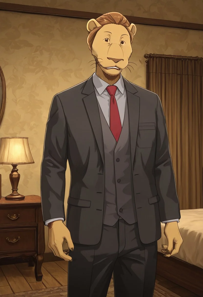 masterpiece, best quality, amazing quality, very aesthetic, absurdres, newest, high quality, detailed, male, solo male, 1oldman, 47 years old, late middle-age, MayorBeastars, anthro, lion, mature male, athletic build, brown eyes, brown hair, animal ears, broad shoulders, chest, body hair, red tie, gray shirt, black suit jacket, indoors, standing, standing, grand bedroom, looking at viewer, smiling, volumetric lighting